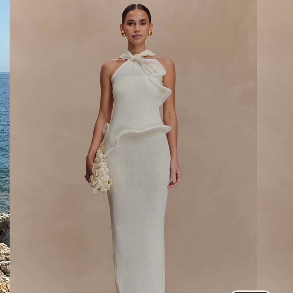 Meshki Cream Halter Ruffle Column Maxi Dress